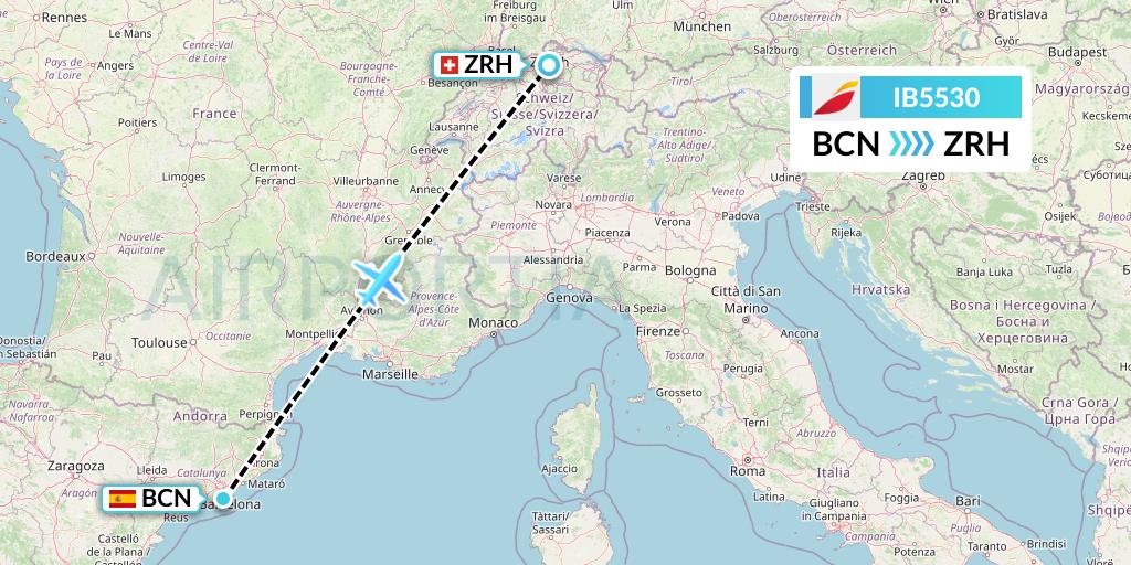IB5530 Iberia Flight Map: Barcelona to Zurich