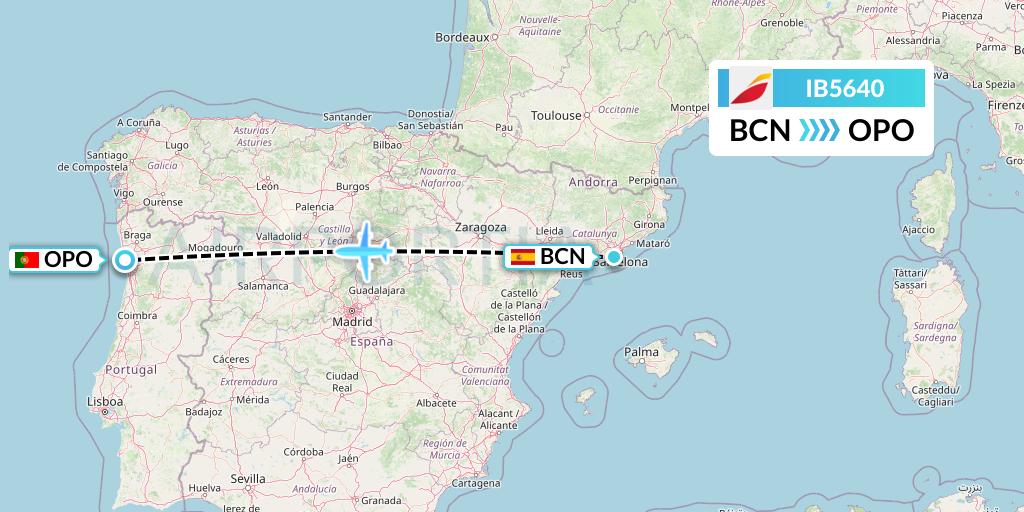 IB5640 Iberia Flight Map: Barcelona to Porto