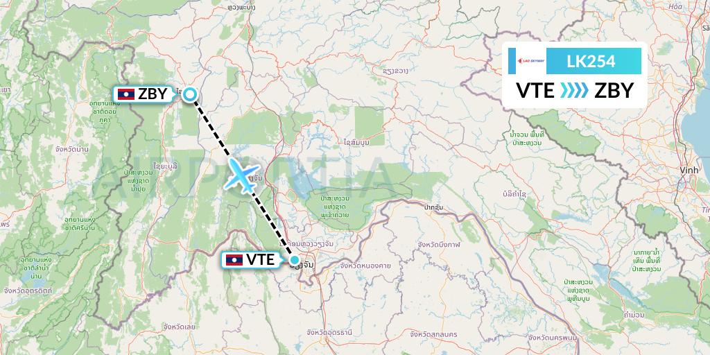 LK254 Lao Skyway Flight Map: Vientiane to Sayaboury