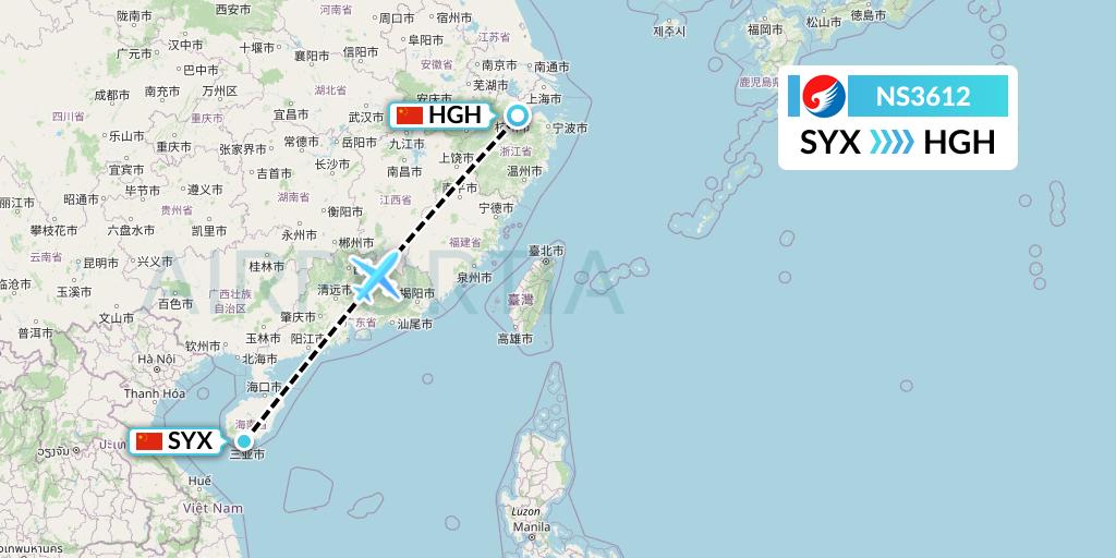 NS3612 Hebei Airlines Flight Map: Sanya to Hangzhou