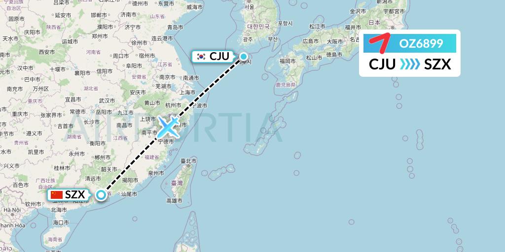OZ6899 Asiana Airlines Flight Map: Jeju to Shenzhen
