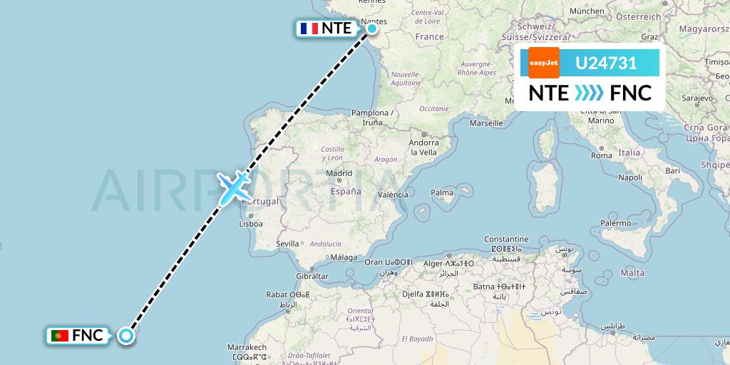 U24731 EasyJet Flight Map: Nantes to Funchal