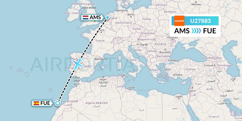 U27883 EasyJet Flight Map: Amsterdam to Fuerteventura