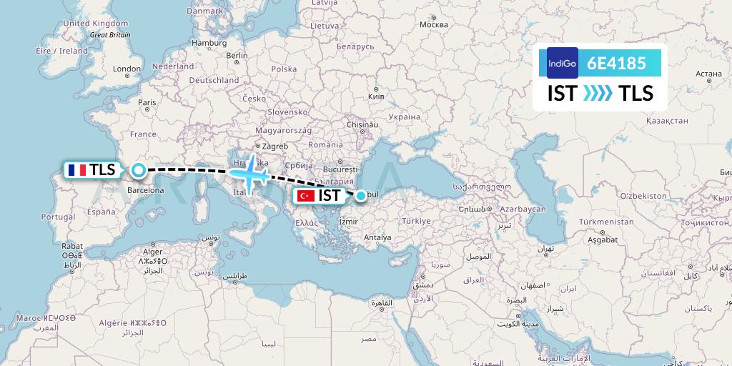 6E4185 IndiGo Airlines Flight Map: Istanbul to Toulouse