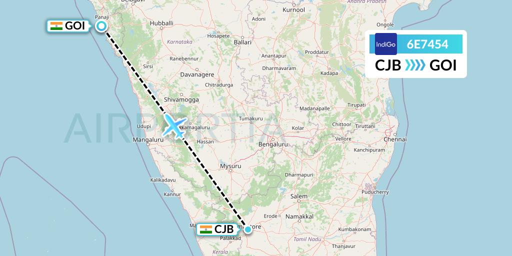 6E7454 IndiGo Airlines Flight Map: Coimbatore to Goa