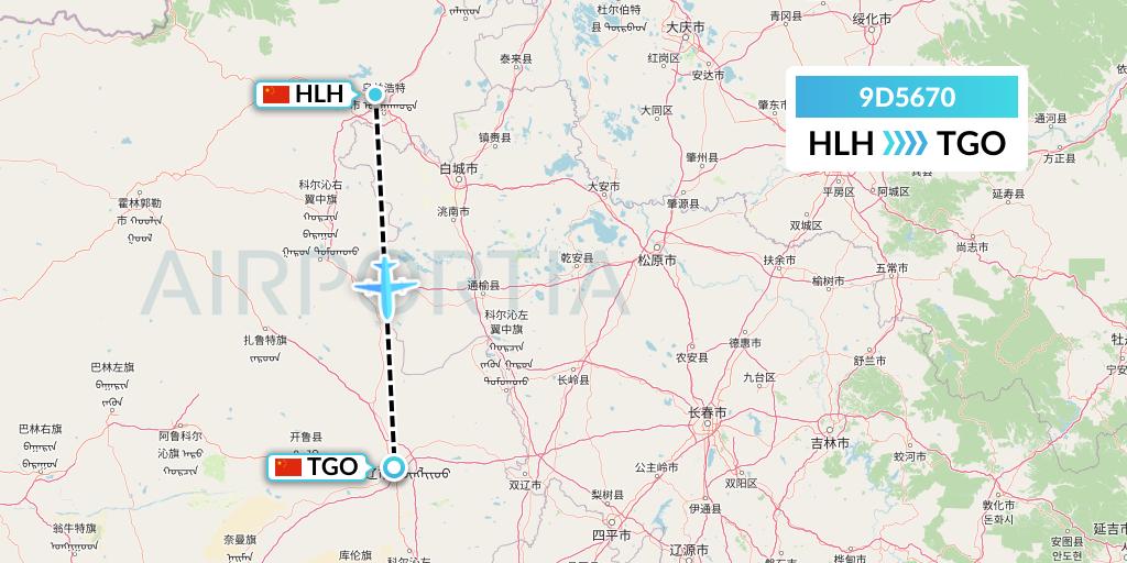 9D5670 Genghis Khan Airlines Flight Map: Ulanhot to Tongliao