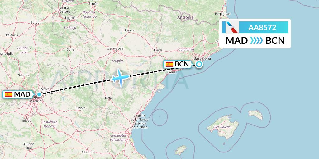 AA8572 American Airlines Flight Map: Madrid to Barcelona