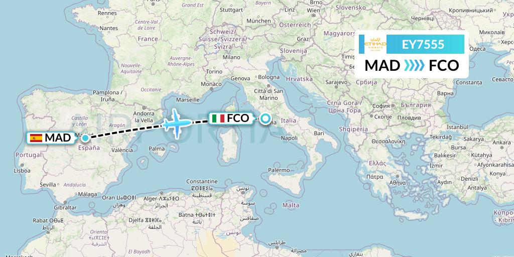 EY7555 Etihad Airways Flight Map: Madrid to Rome