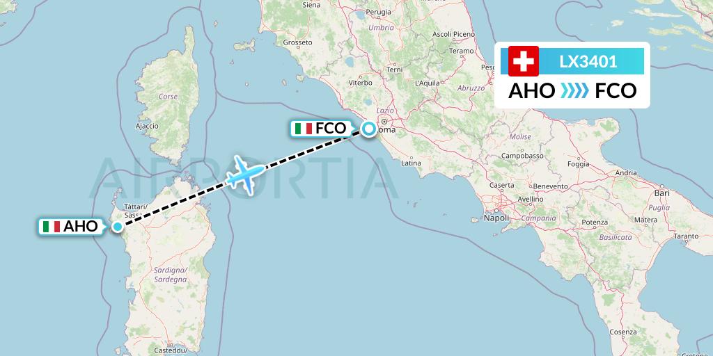 LX3401 Swiss Flight Map: Alghero to Rome