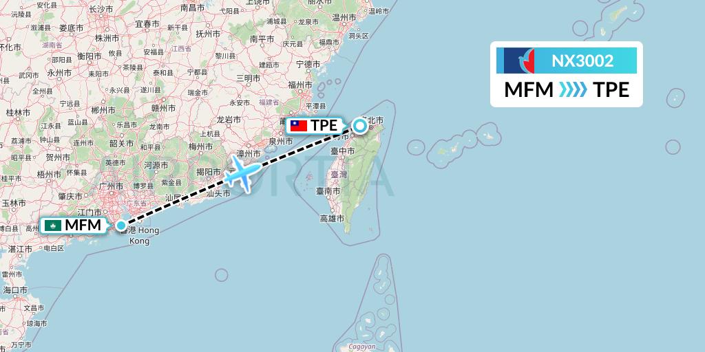 NX3002 Air Macau Flight Map: Macau to Taipei