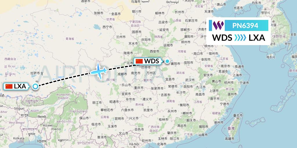 PN6394 China West Air Flight Map: Shiyan to Lhasa