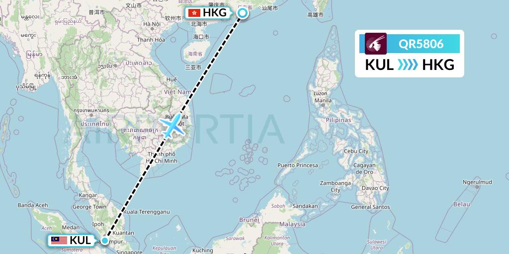 QR5806 Qatar Airways Flight Map: Kuala Lumpur to Hong Kong