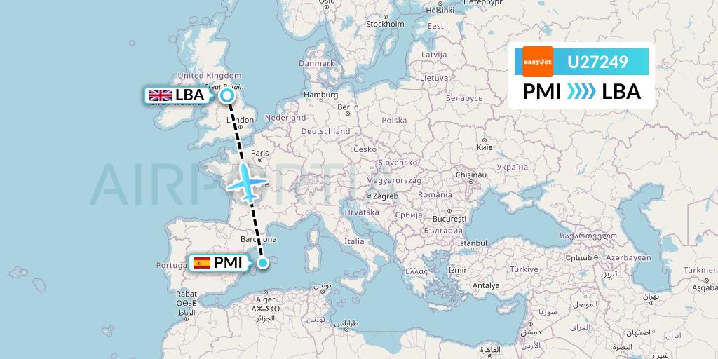 U27249 EasyJet Flight Map: Palma de Mallorca to Leeds