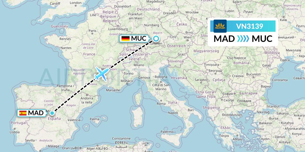 VN3139 Vietnam Airlines Flight Map: Madrid to Munich