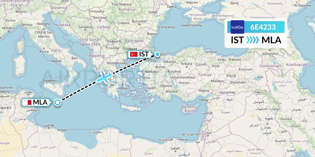 6E4233 IndiGo Airlines Flight Map: Istanbul to Malta
