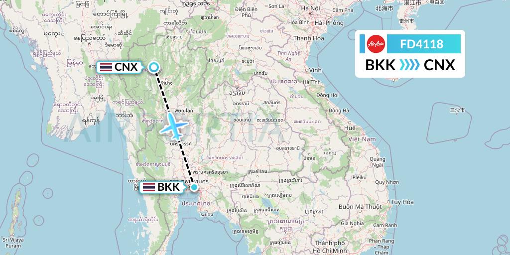 FD4118 Thai AirAsia Flight Map: Bangkok to Chiang Mai