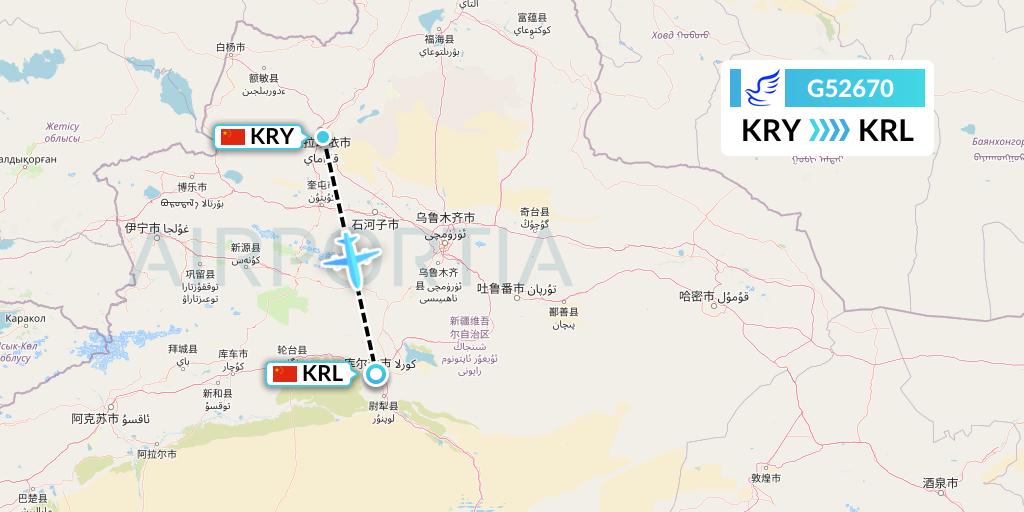 G52670 China Express Airlines Flight Map: Karamay to Korla