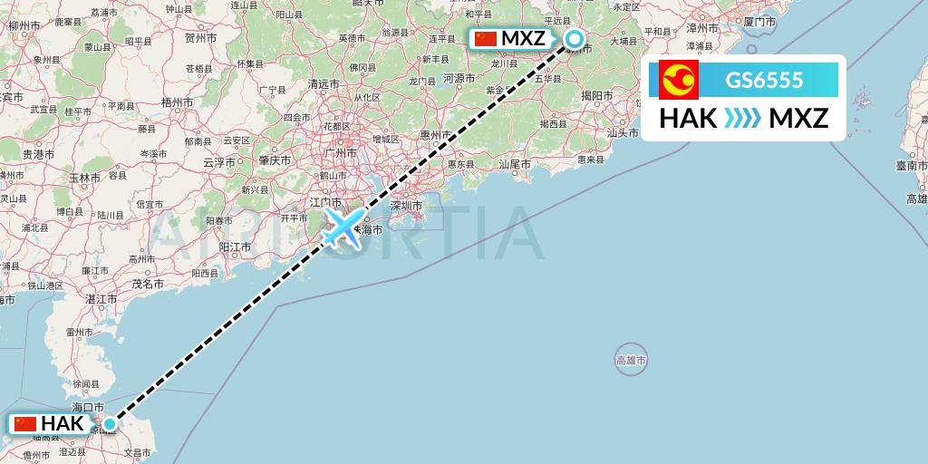 GS6555 Tianjin Airlines Flight Map: Haikou to Meixian