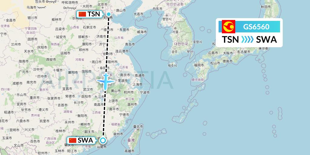 GS6560 Tianjin Airlines Flight Map: Tianjin to Jieyang
