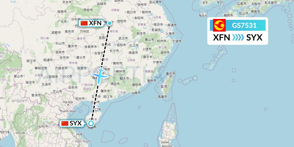 GS7531 Tianjin Airlines Flight Map: Xiangyang to Sanya