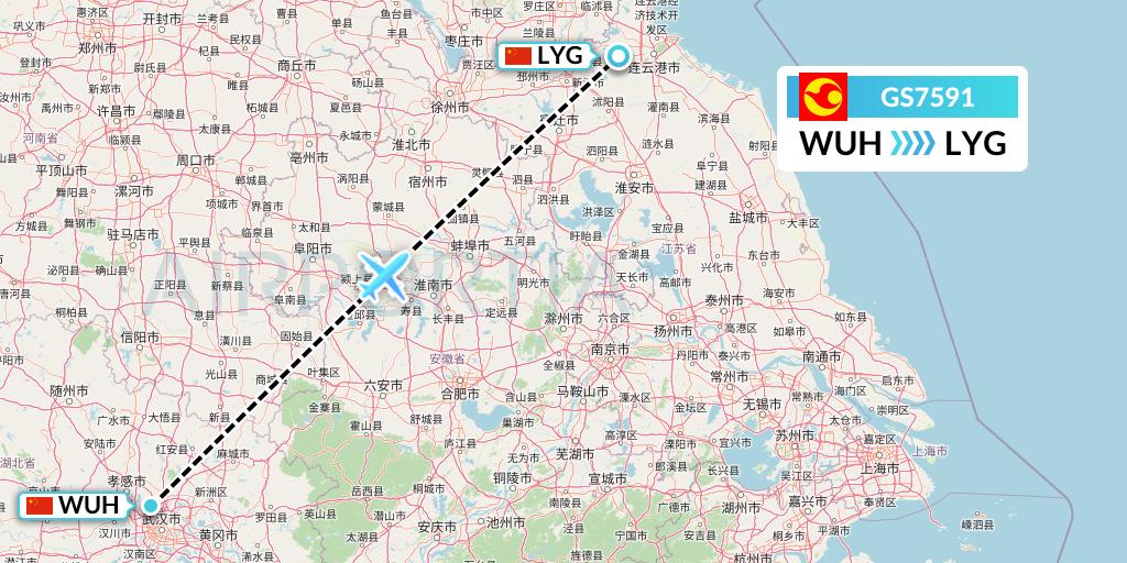 GS7591 Tianjin Airlines Flight Map: Wuhan to Lianyungang