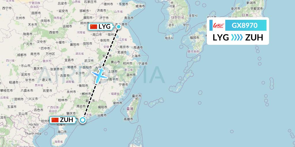 GX8970 GX Airlines Flight Map: Lianyungang to Zhuhai