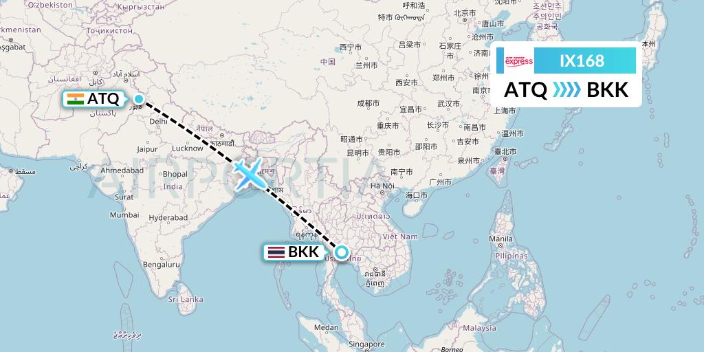 IX168 Air India Express Flight Map: Amritsar to Bangkok