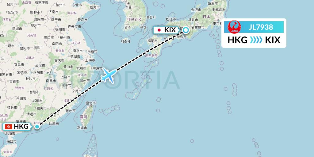 JL7938 Japan Airlines Flight Map: Hong Kong to Osaka