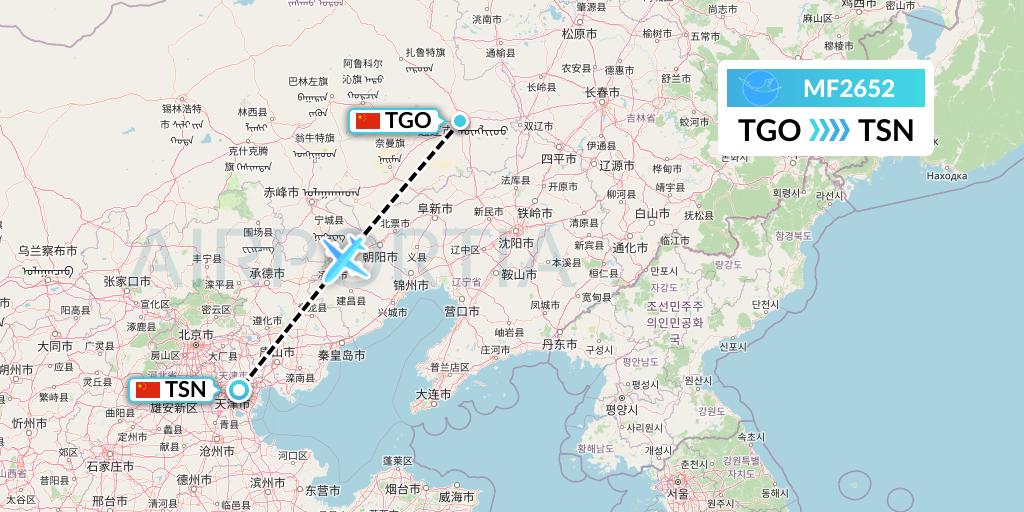 MF2652 Xiamen Airlines Flight Map: Tongliao to Tianjin