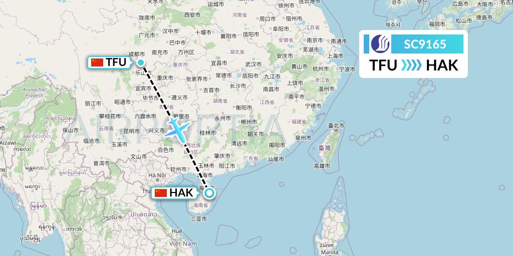 SC9165 Shandong Airlines Flight Map: Chengdu to Haikou
