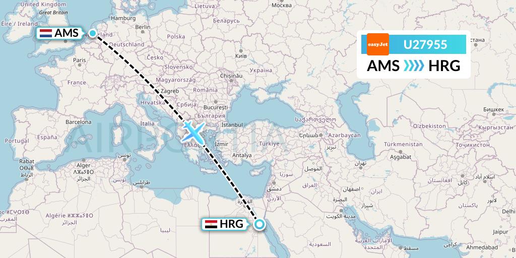 U27955 EasyJet Flight Map: Amsterdam to Hurghada