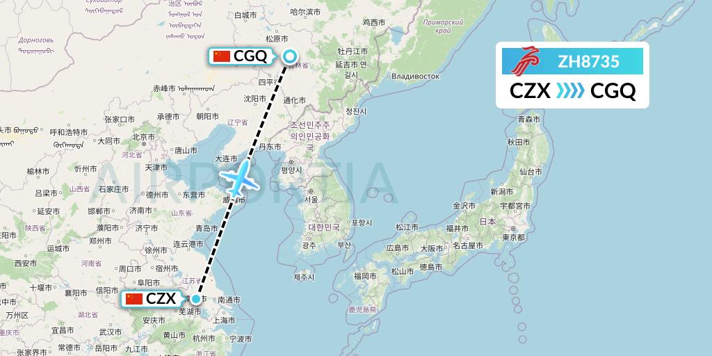 ZH8735 Shenzhen Airlines Flight Map: Changzhou to Changchun