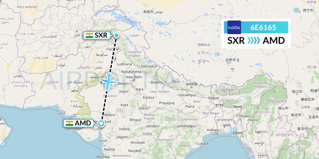 6E6165 IndiGo Airlines Flight Map: Srinagar to Ahmedabad