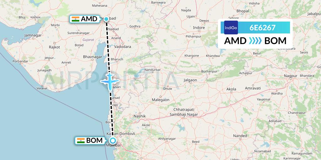 6E6267 IndiGo Airlines Flight Map: Ahmedabad to Mumbai