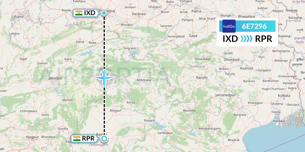 6E7296 IndiGo Airlines Flight Map: Allahabad to Raipur