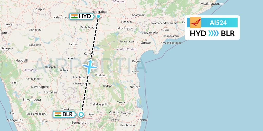 AI524 Air India Flight Map: Hyderabad to Bangalore