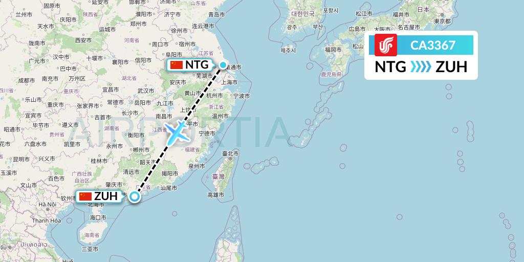 CA3367 Air China Flight Map: Nantong to Zhuhai