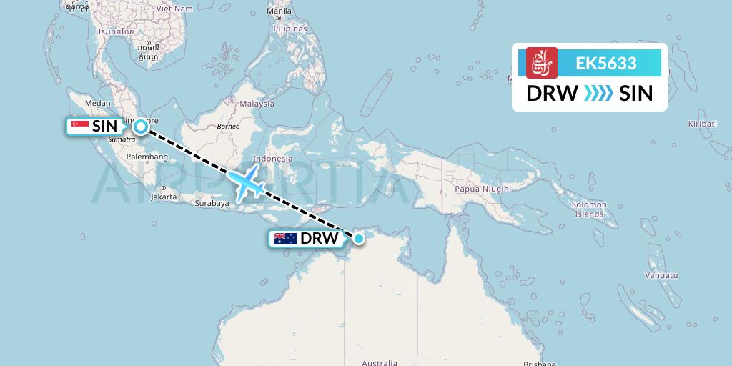 EK5633 Emirates Flight Map: Darwin to Singapore