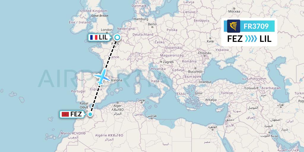 FR3709 Ryanair Flight Map: Fes to Lille