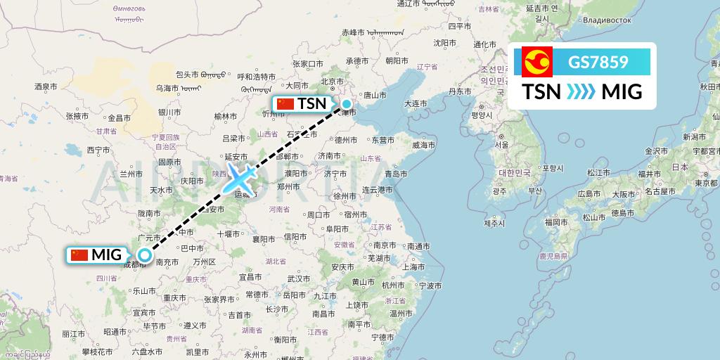 GS7859 Tianjin Airlines Flight Map: Tianjin to Mianyang
