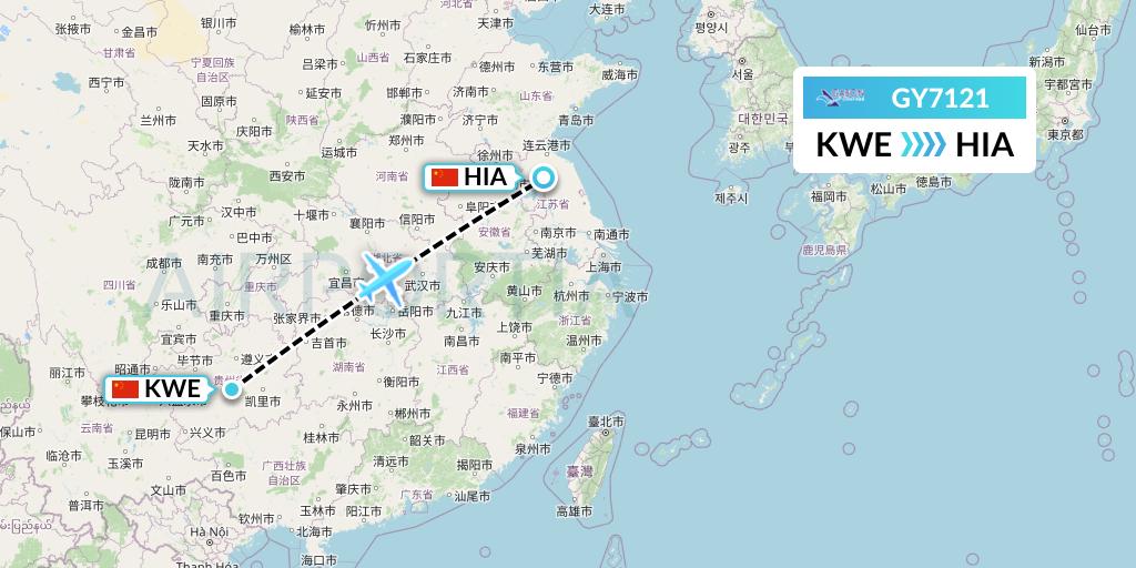 GY7121 Colorful GuiZhou Airlines Flight Map: Guiyang to Huai'an