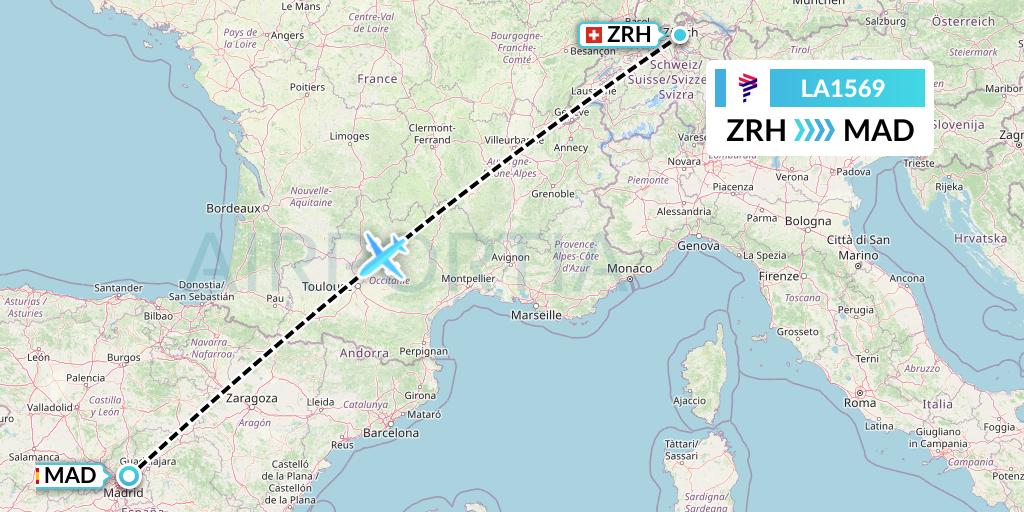LA1569 LAN Airlines Flight Map: Zurich to Madrid