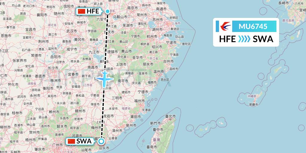 MU6745 China Eastern Airlines Flight Map: Hefei to Jieyang