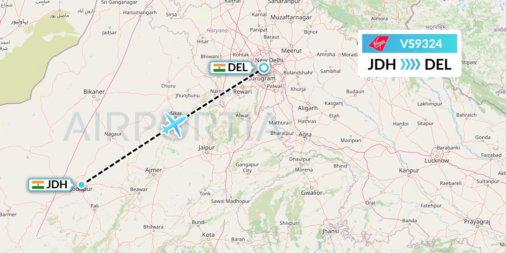 VS9324 Virgin Atlantic Airways Flight Map: Jodhpur to Delhi
