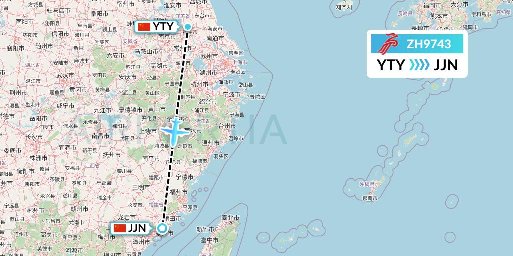 ZH9743 Shenzhen Airlines Flight Map: Yangzhou to Jinjiang