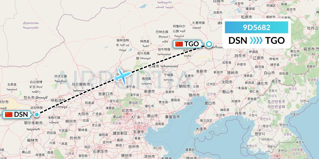9D5682 Genghis Khan Airlines Flight Map: Dongsheng to Tongliao