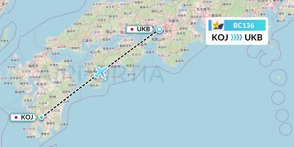 BC136 Skymark Airlines Flight Map: Kagoshima to Kobe