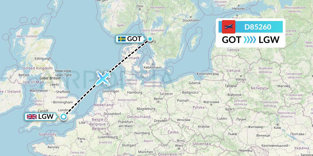 D85260 Norwegian Air International Flight Map: Gothenburg to London