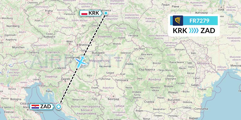 FR7279 Ryanair Flight Map: Krakow to Zadar