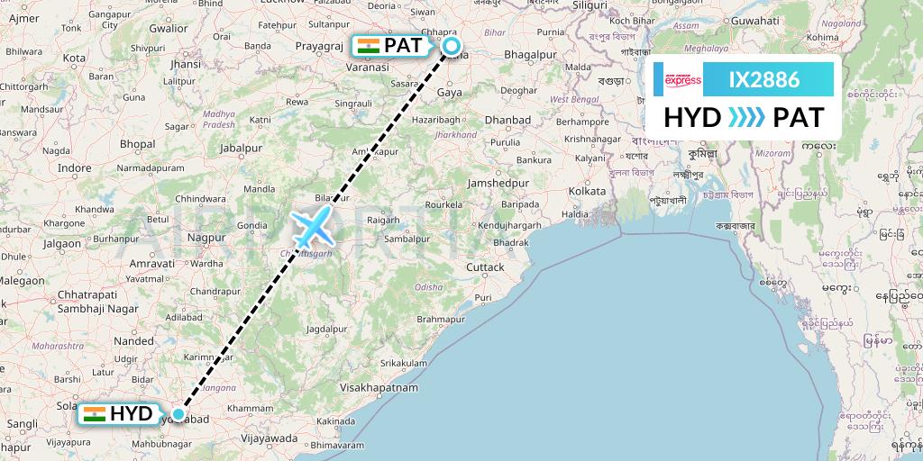 IX2886 Air India Express Flight Map: Hyderabad to Patna